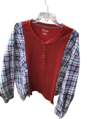 Upcycled Flannel Shirt, Oversized Rust Waffle Knit Spliced Tee, Size L - 2XL